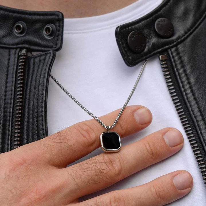 Minimalist Silver & Black Onyx Geometric Pendant Necklace