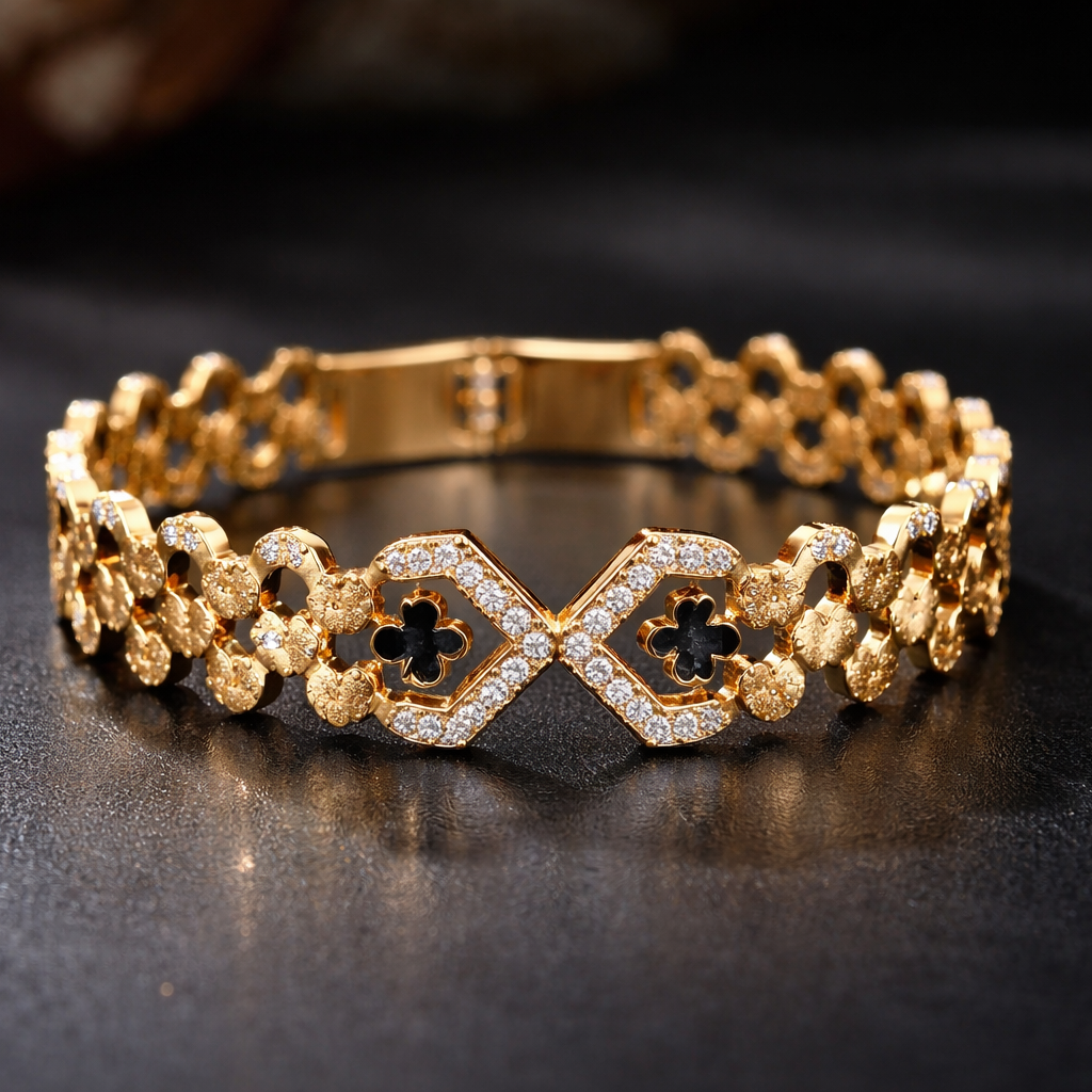 Luxurious Gold Crystal & Black Quatrefoil Statement Bangle