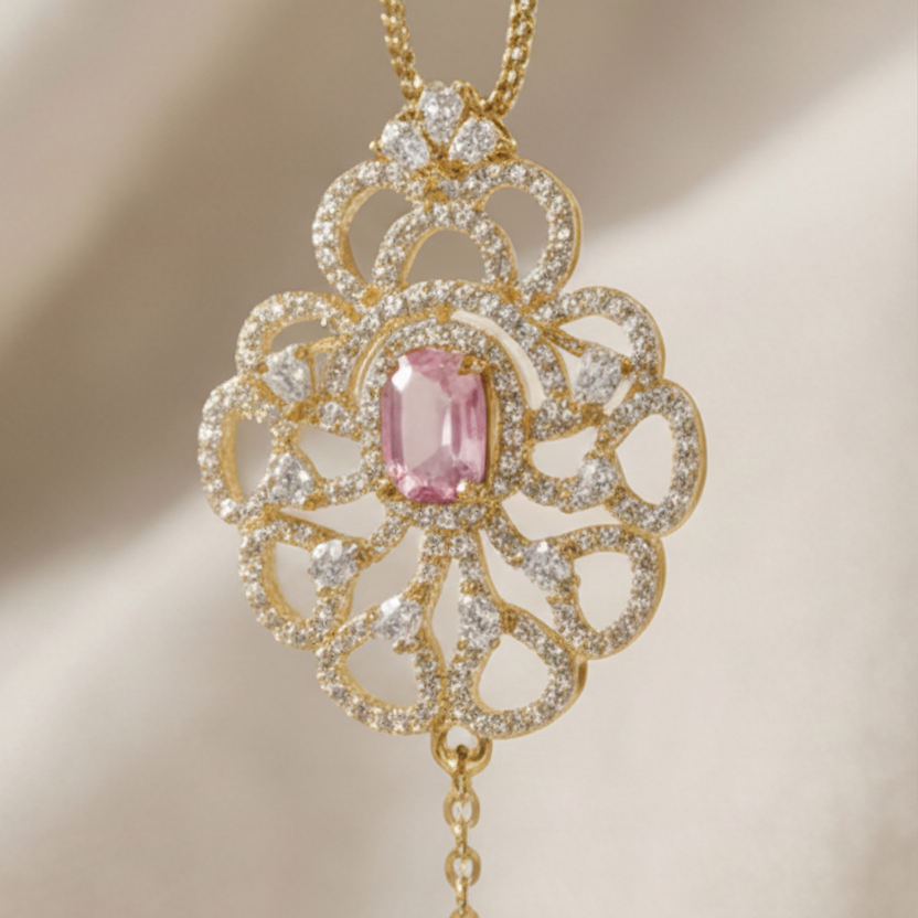 Blossom Filigree Suite – Gold-Plated Pink Quartz & Crystal Jewelry Set