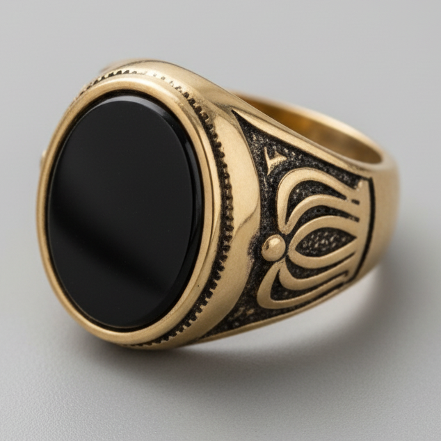 Antique Gold Finish Oval Black Stone ring with crown design