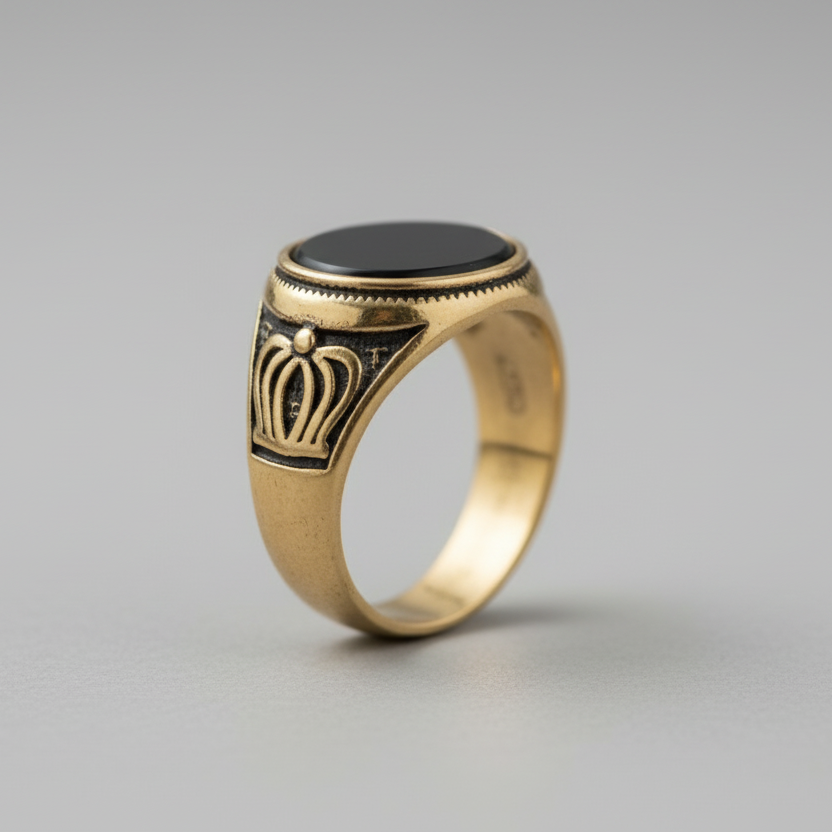 Antique Gold Finish Oval Black Stone ring with crown design