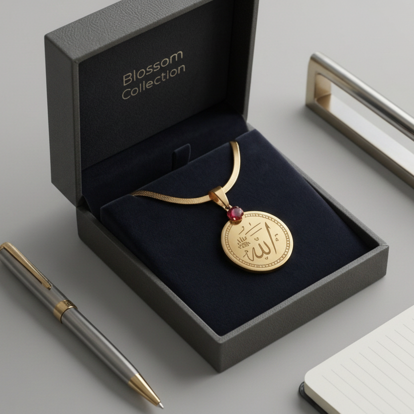 18K Gold Plated Allah Necklace – Divine Medallion with Ruby Accent