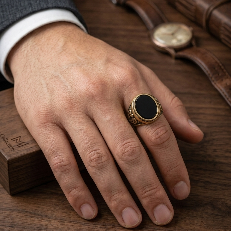 The Royal Crown Onyx Signet Ring – Antique Gold Finish & Oval Black Stone