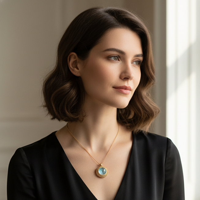 Crystal Halo Pendant – Polished Agate Pendant with Flat Snake Chain