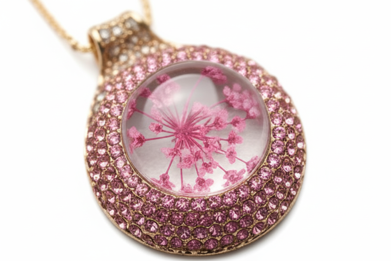 Pressed Flower Necklace - Rose Bloom Medallion in Gold
