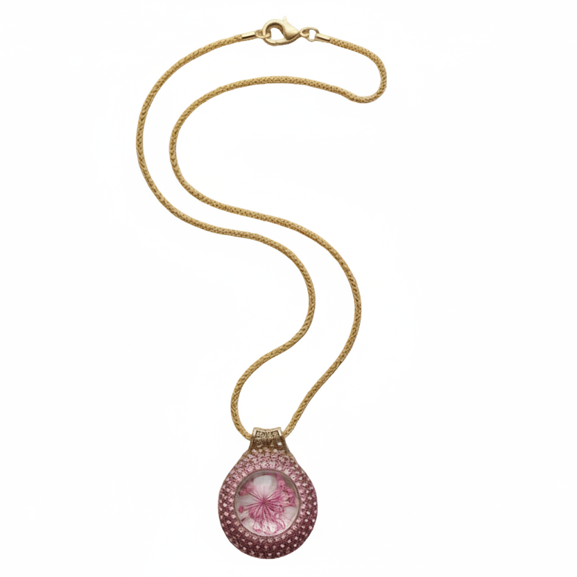 Pressed Flower Necklace - Rose Bloom Medallion in Gold