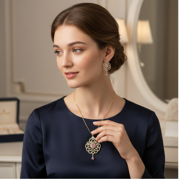 Blossom Filigree Suite – Gold-Plated Pink Quartz & Crystal Jewelry Set