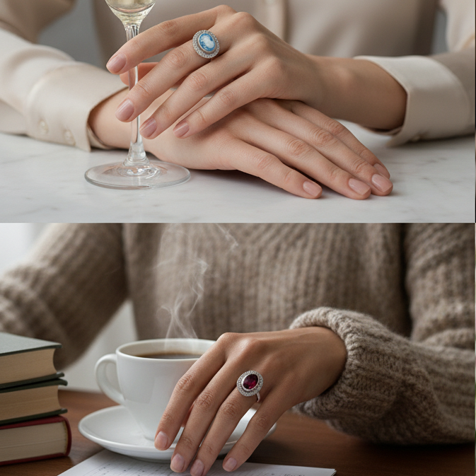 Oval Gemstone Halo Rings Crystal Inlay – Elegant Jewelry for Women