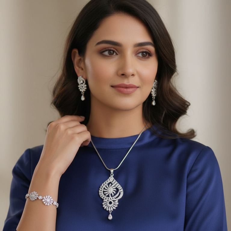 Silver Plated Pendant & Drop Earring Set