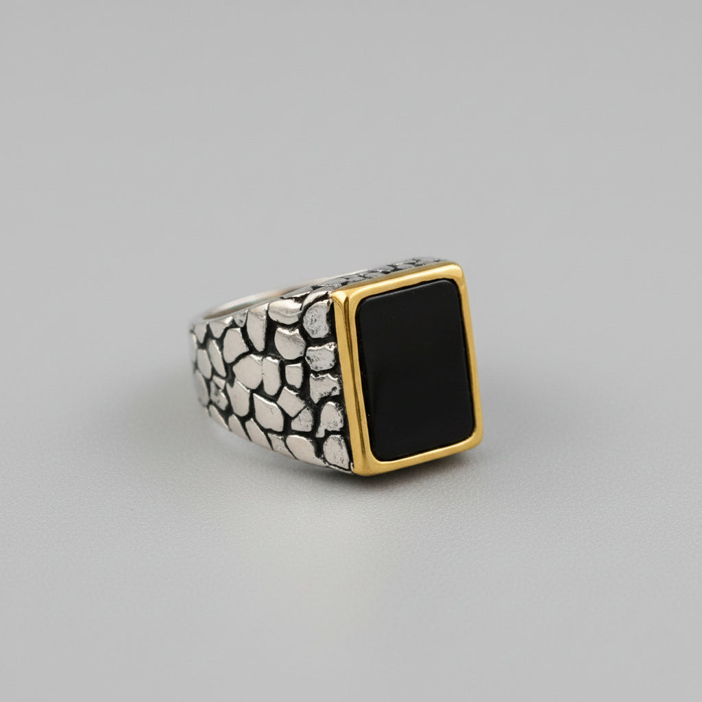 Black onyx scaled signet ring for men statement jewelry