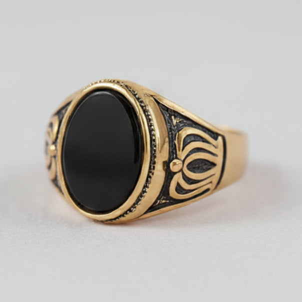 The Royal Crown Onyx Signet Ring – Antique Gold Finish & Oval Black Stone