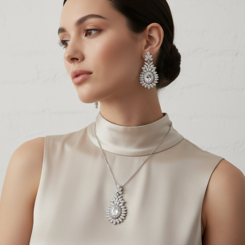 Royal Silver Crystal Necklace & Earrings Set