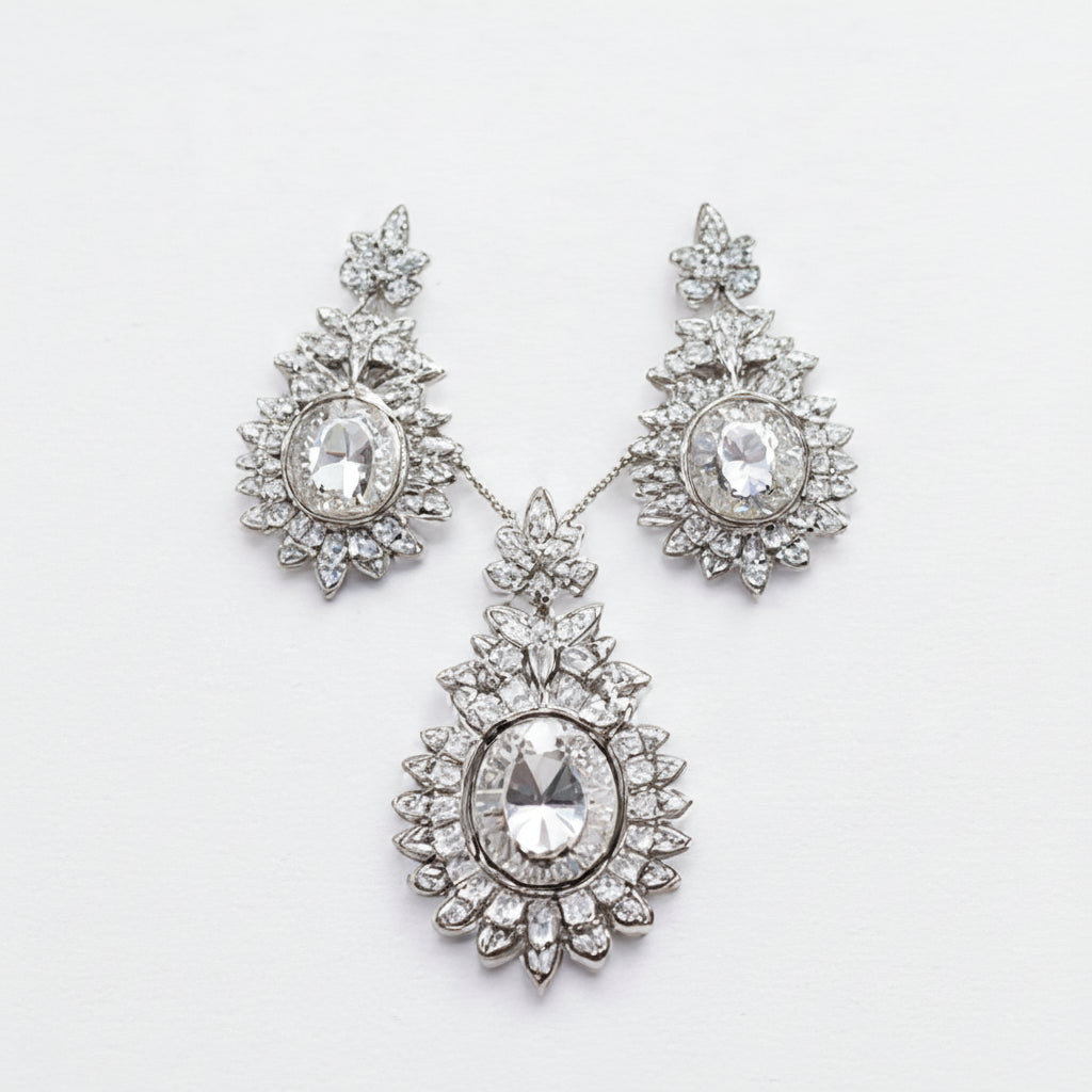 Royal Silver Crystal Necklace & Earrings Set