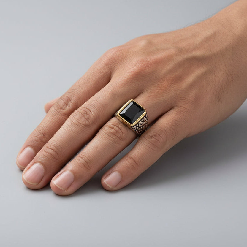Black onyx scaled signet ring for men statement jewelry