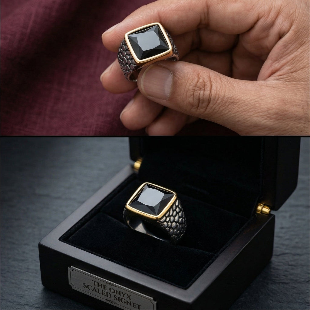 Black onyx scaled signet ring for men statement jewelry