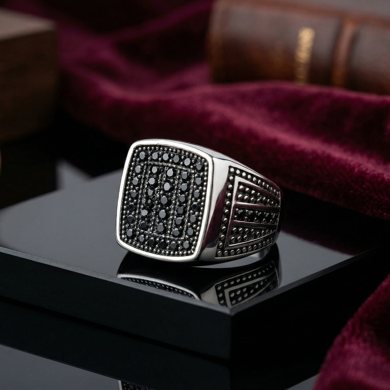 Premium Men’s Black Spinel Pave Signet Ring