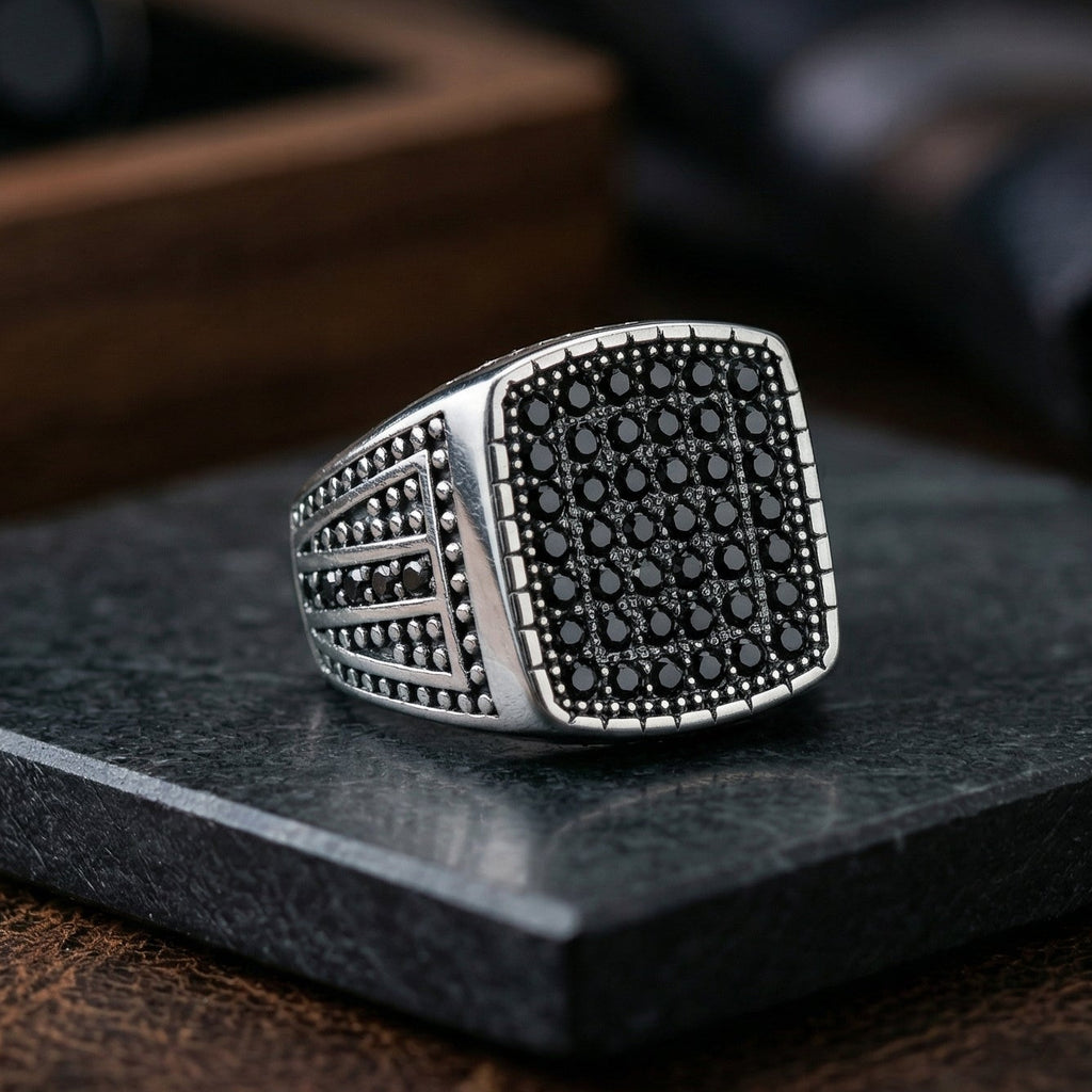 Premium Men’s Black Spinel Pave Signet Ring