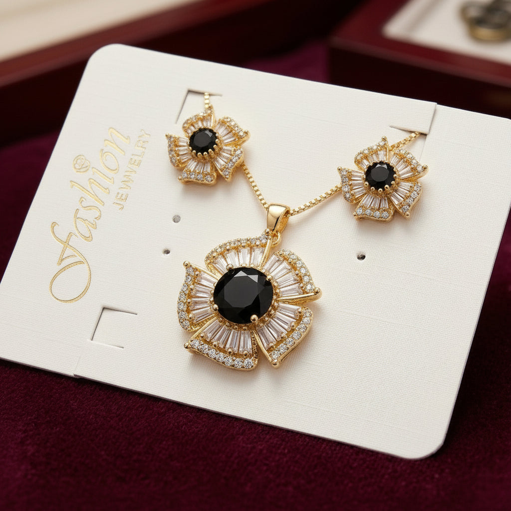 Ruby Bloom Crystal Jewelry Set Gold Plated Floral Pendant & Earrings