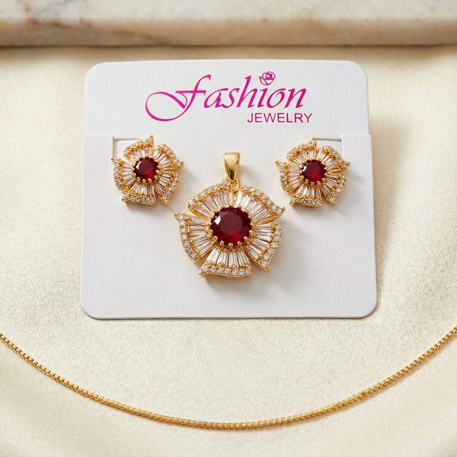 Ruby Bloom Crystal Jewelry Set Gold Plated Floral Pendant & Earrings
