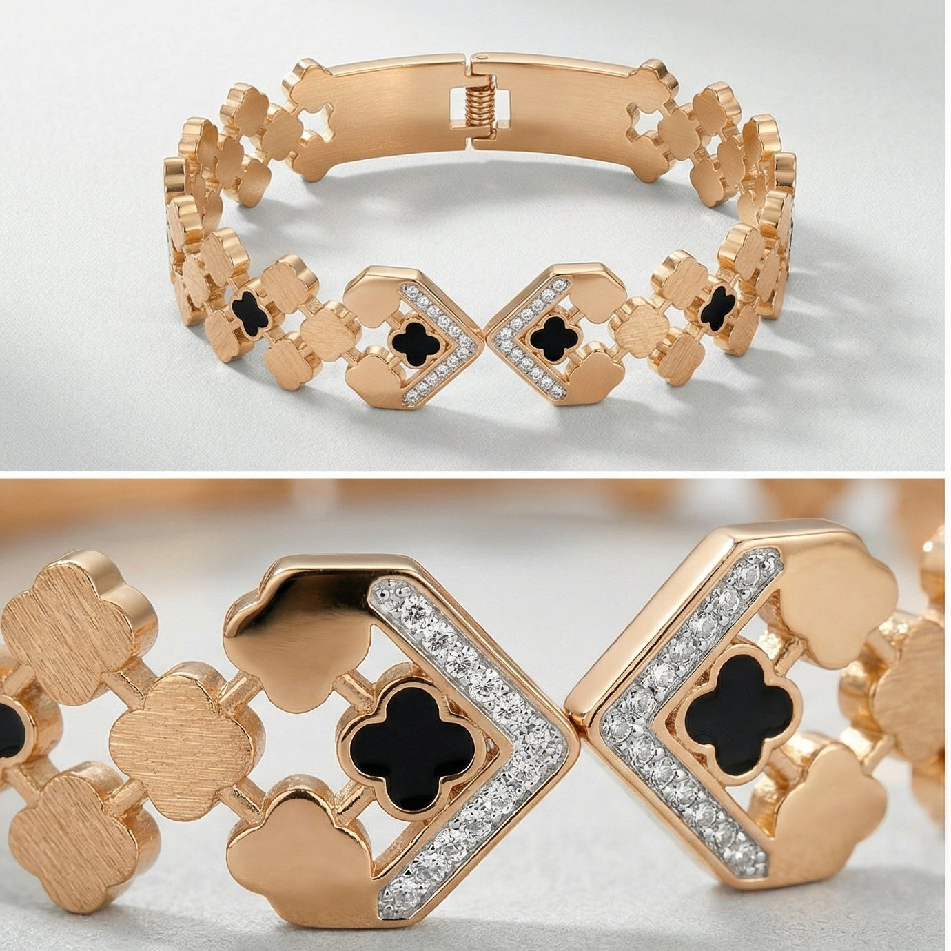 Luxurious Gold Crystal & Black Quatrefoil Statement Bangle