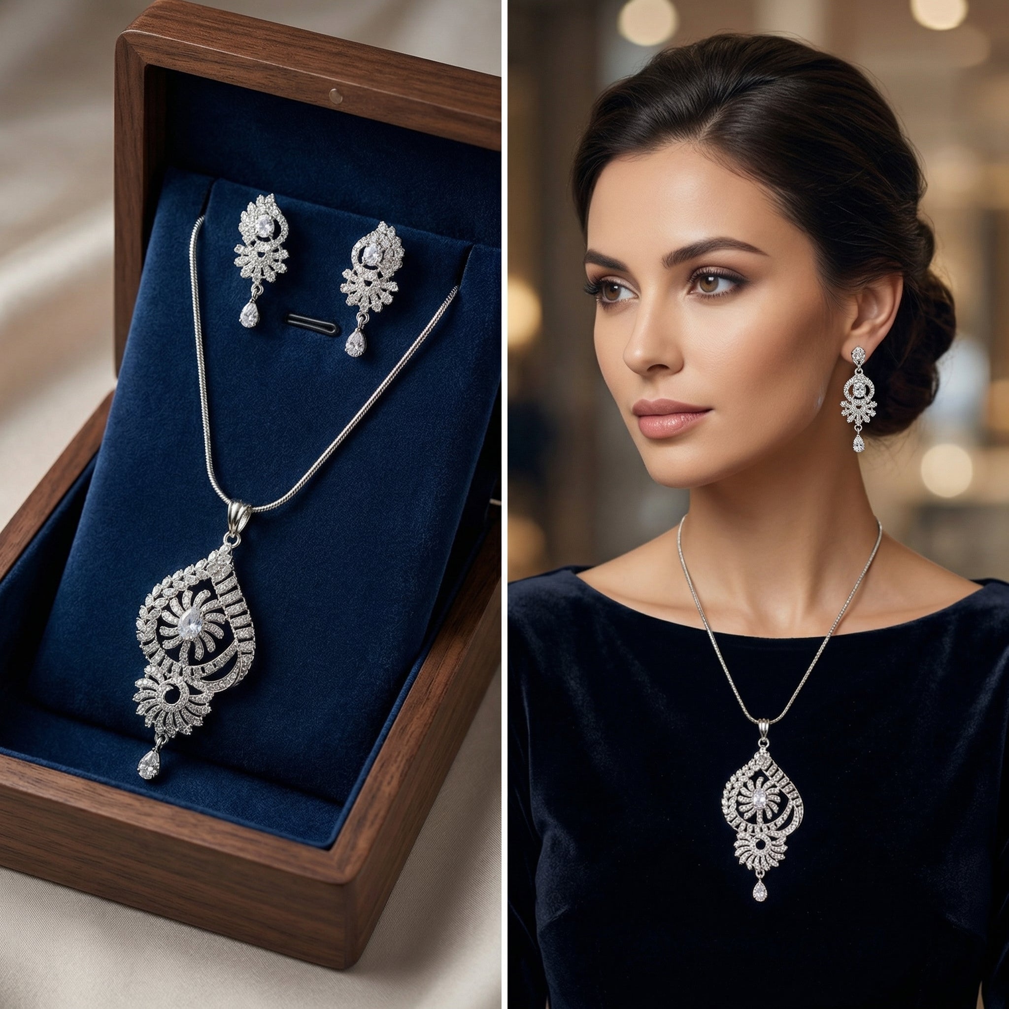Silver Plated Pendant & Drop Earring Set