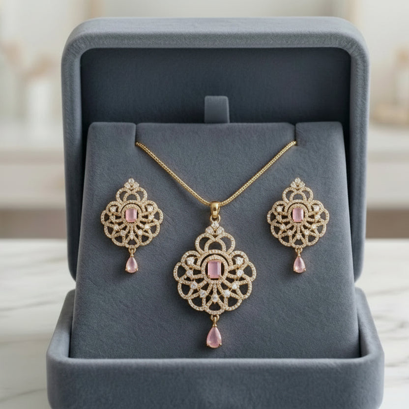 Blossom Filigree Suite – Gold-Plated Pink Quartz & Crystal Jewelry Set