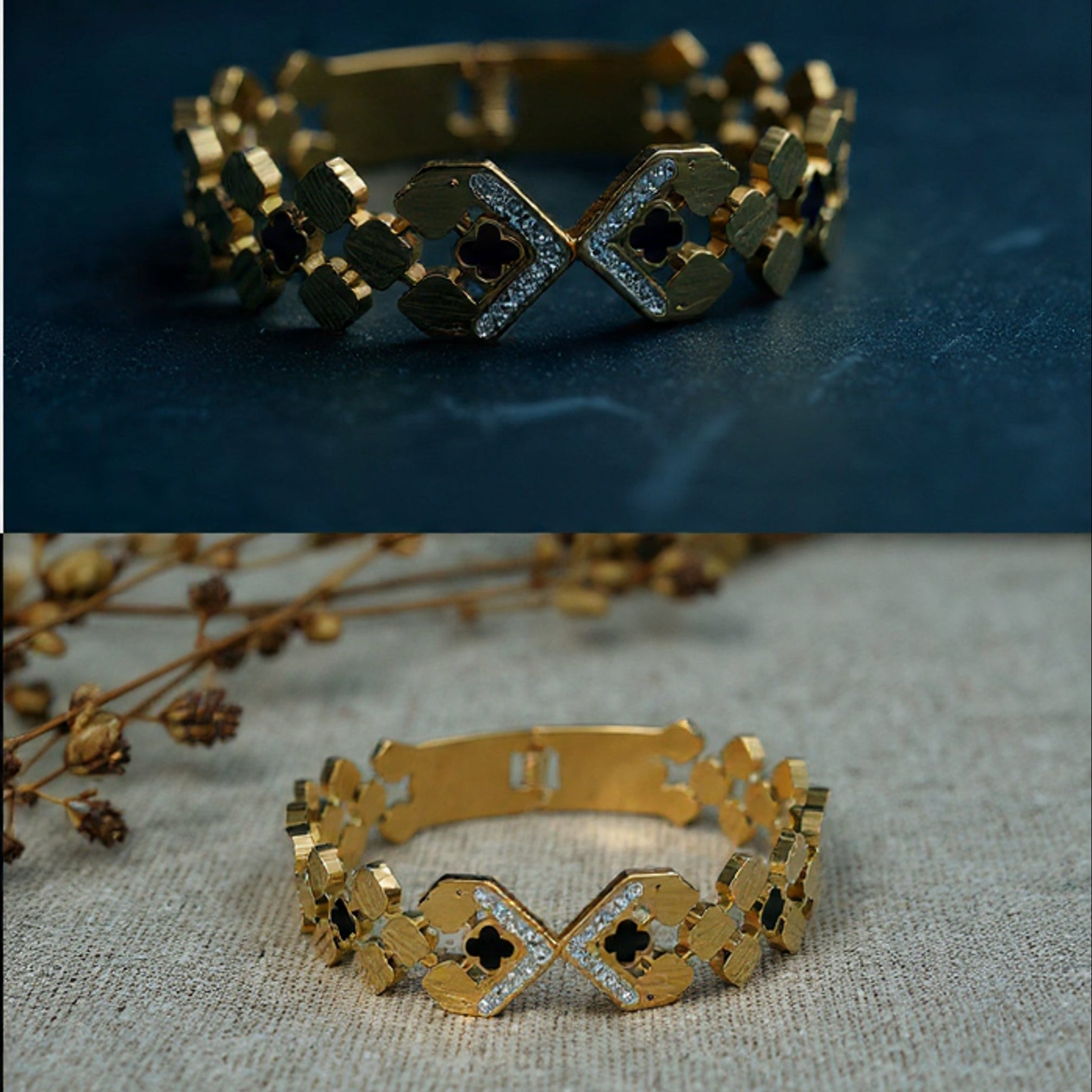 Luxurious Gold Crystal & Black Quatrefoil Statement Bangle