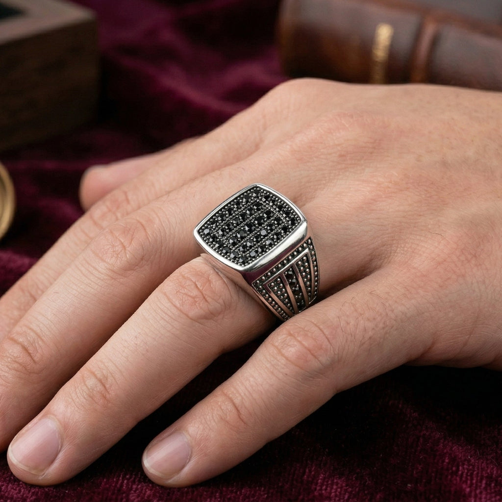 Premium Men’s Black Spinel Pave Signet Ring