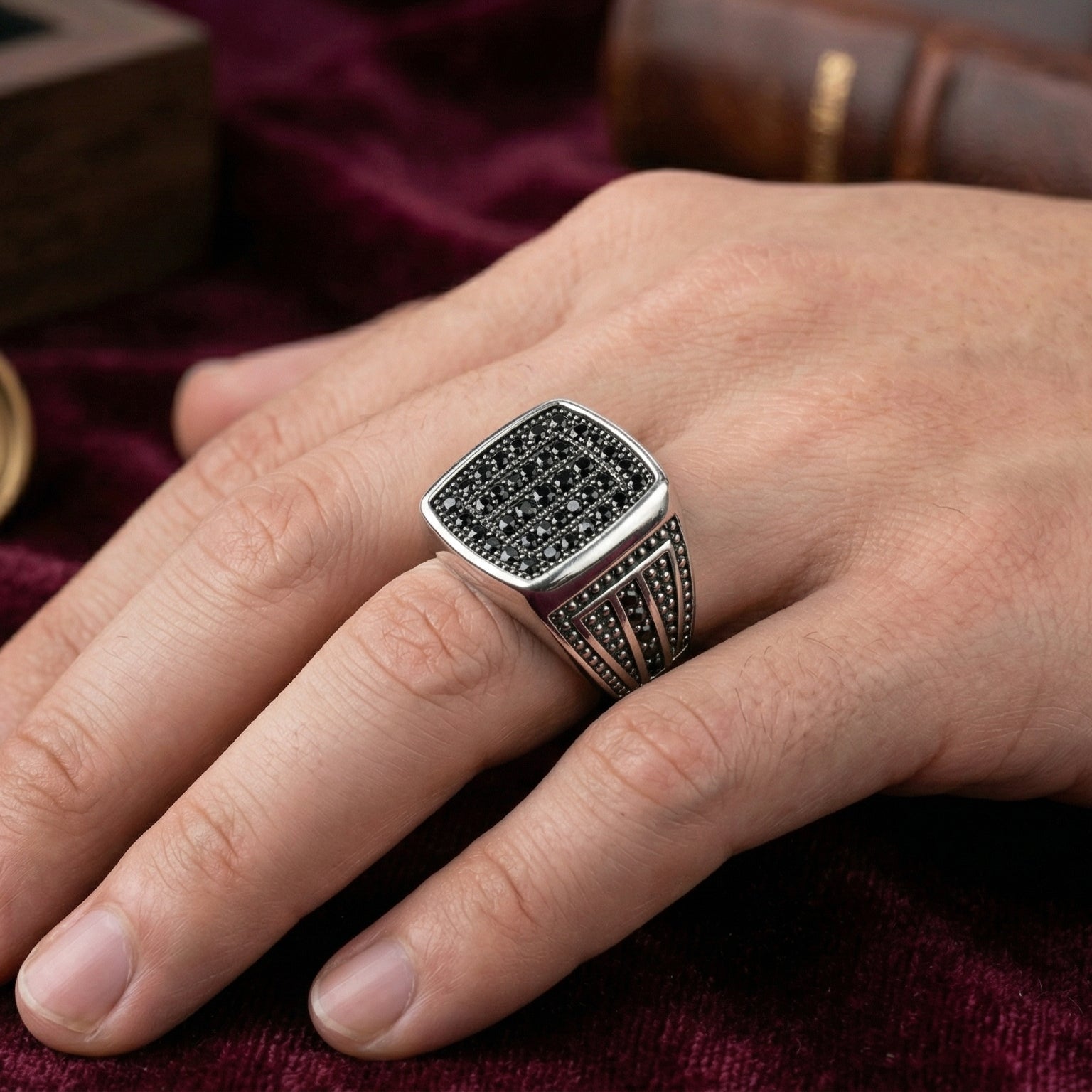 Premium Men’s Black Spinel Pave Signet Ring