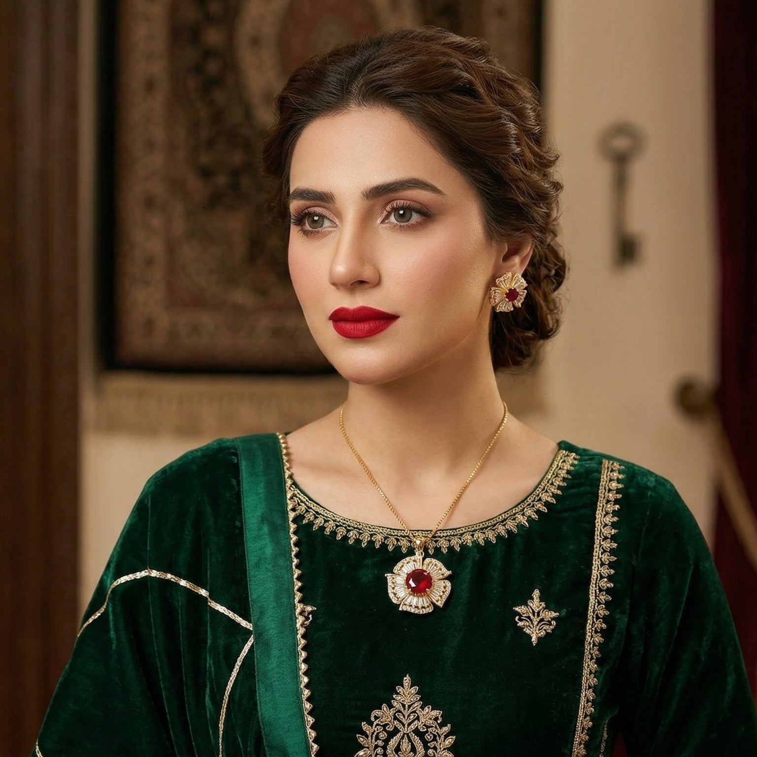 Ruby Bloom Crystal Jewelry Set Gold Plated Floral Pendant & Earrings